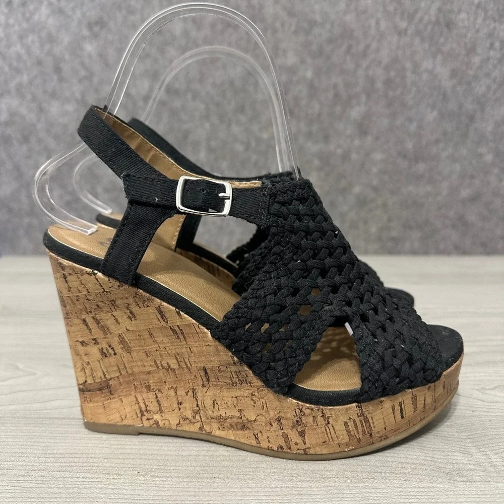 SO Taffy Womens Wedge Sandals Black Woven Upper Cork Platform Heel Size‎ 6.5 M